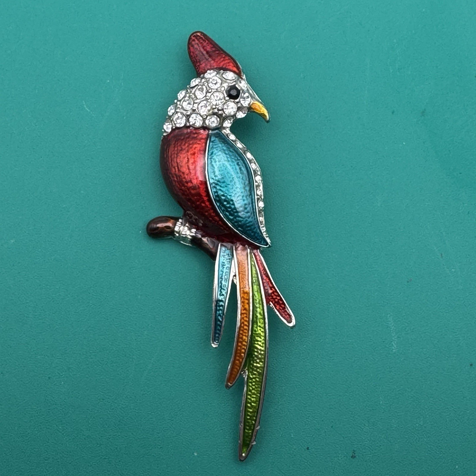 Silvertone Multicolor Enameled Rhinestone Parrot Bird Metal Brooch Pin