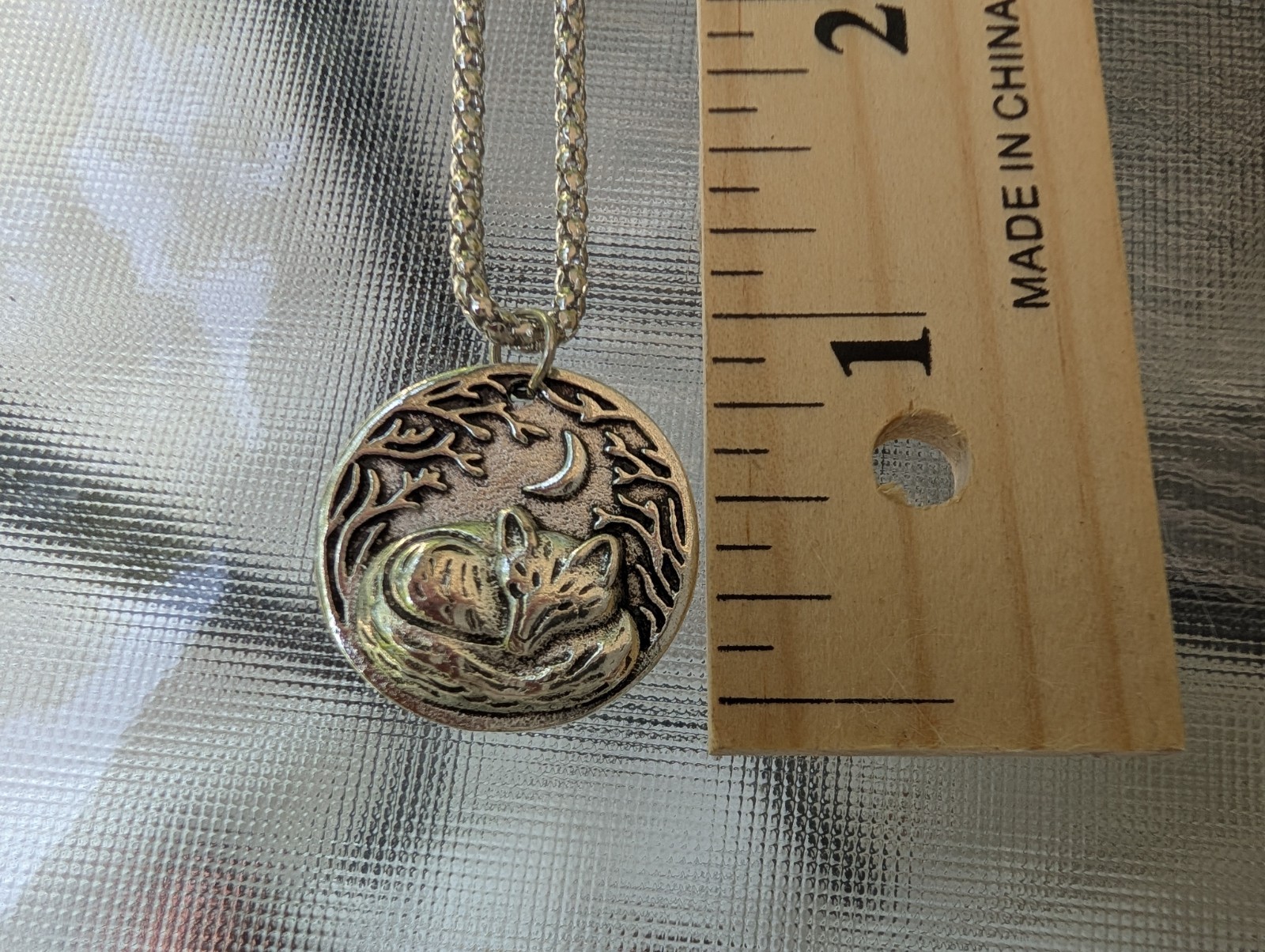 Fox & Moon Forest Round Talisman Metal Pendant 0.8″ Adjustable Necklace 24″ X2