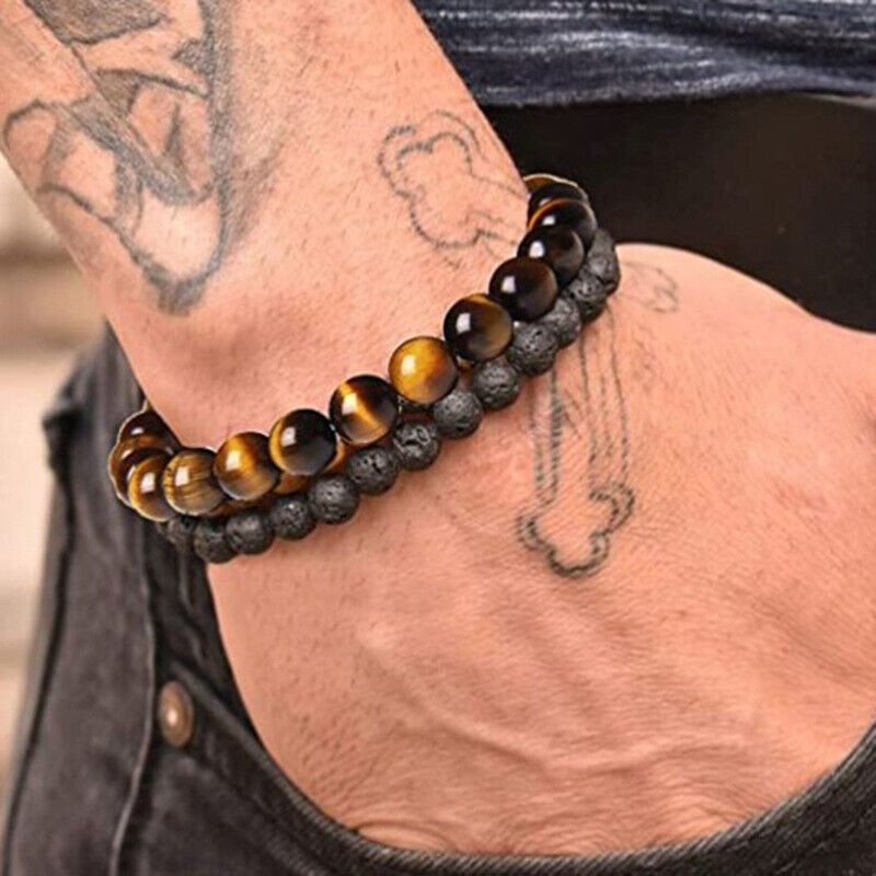 Men Bracelet Classic Lava Rock Tiger Eye Gem Stone Beaded Healing Boyfriend-2PCS