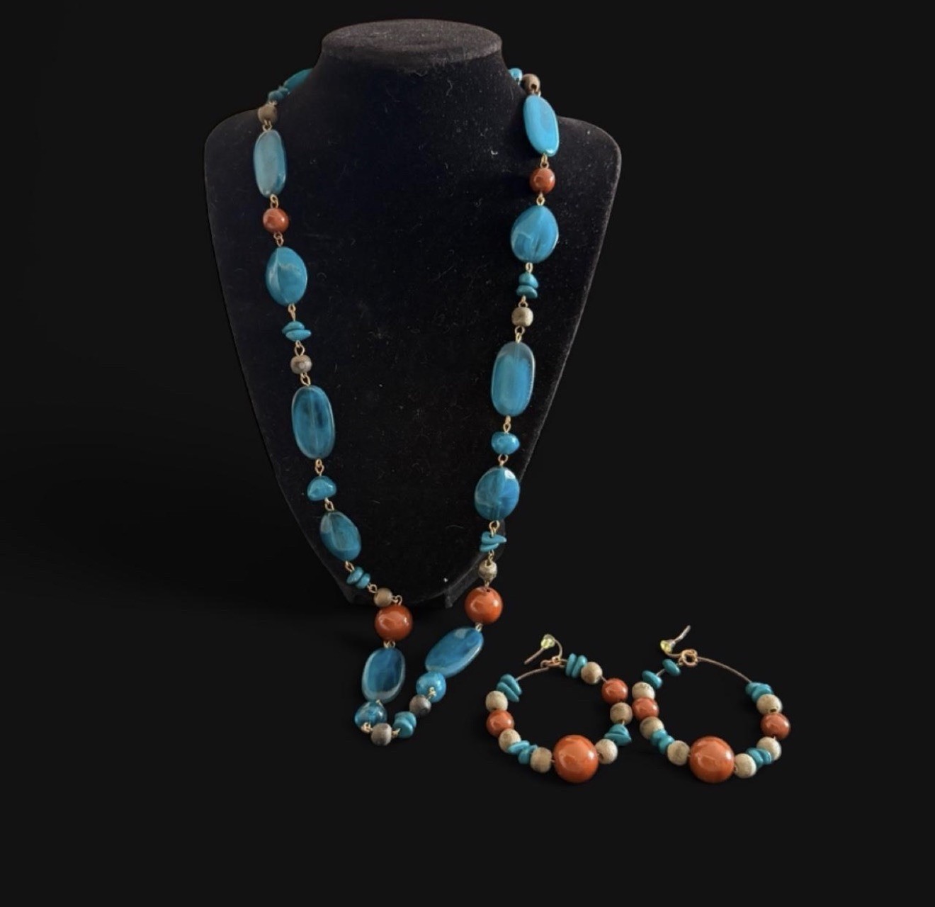 Beaded Stone Jewelry Set Necklace & Earrings Blue/Orange Oval Blue Stone