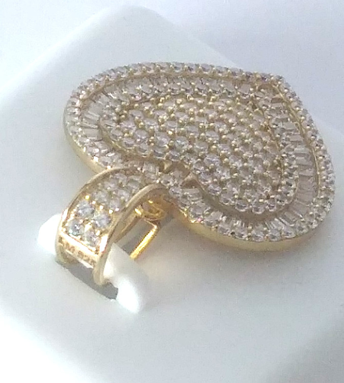 925 STERLING SILVER CZ micro pave FANCY HEART PENDANT Gold Plated 30X21mm