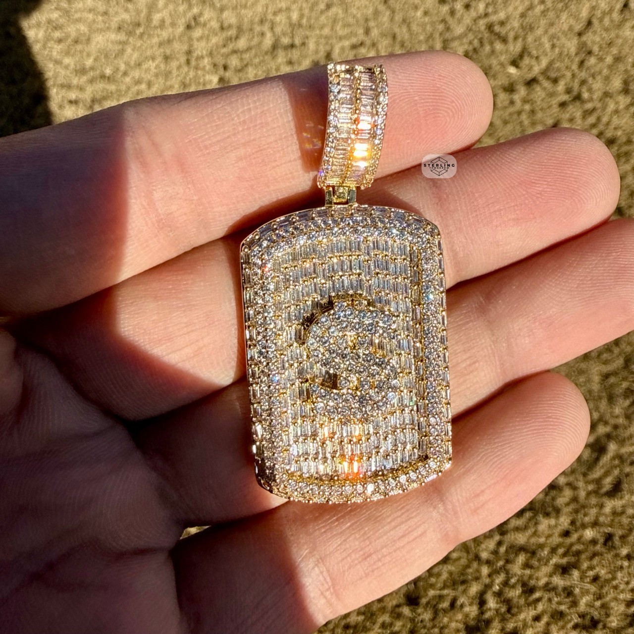 14k Gold Plated Iced Money Dog Tag Hip Hop Mens Pendant + Steel Rope Chain