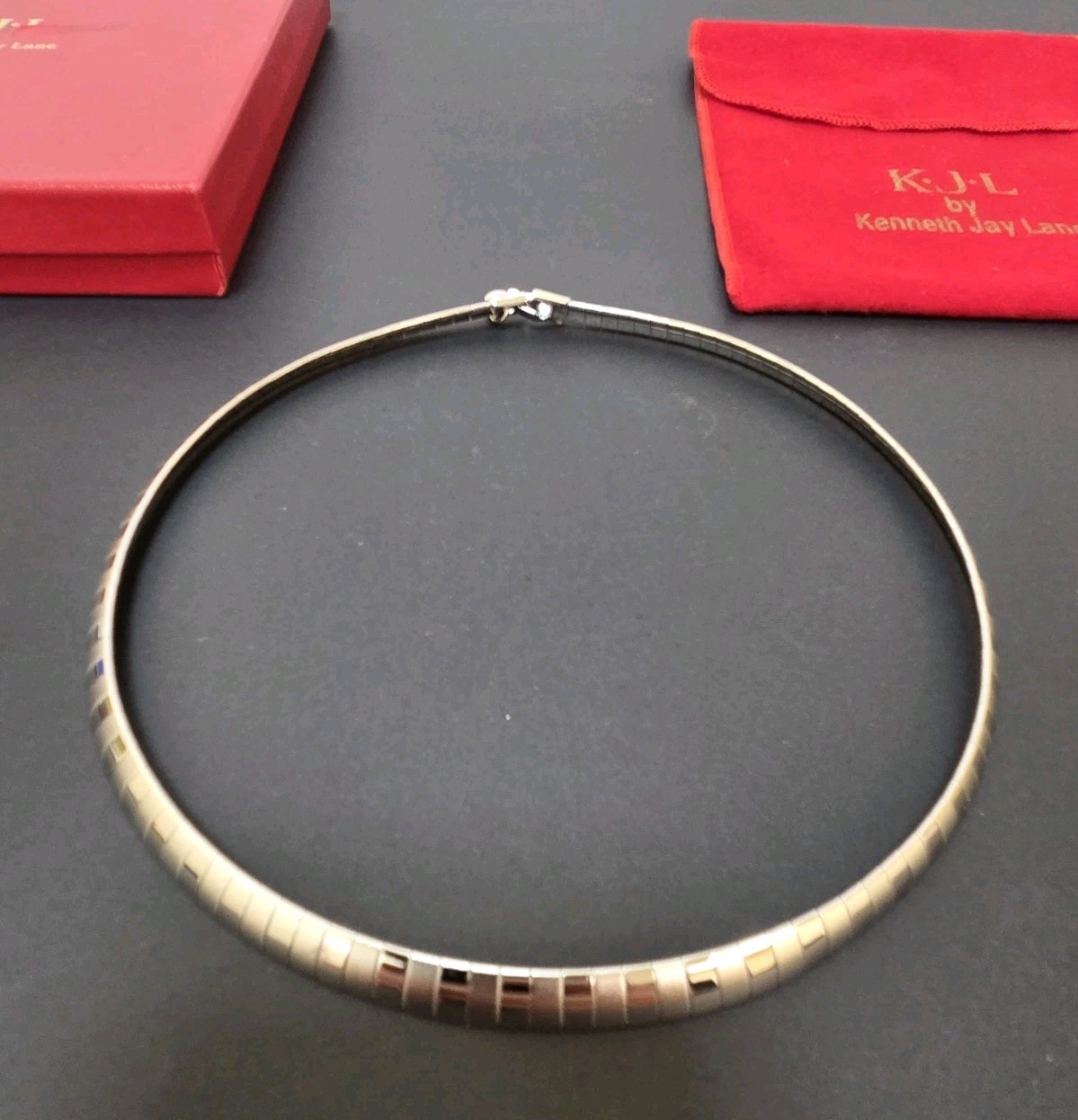 KJL Kenneth Jay Lane’s 18-inch Striped Omega Necklace, Silvertone!