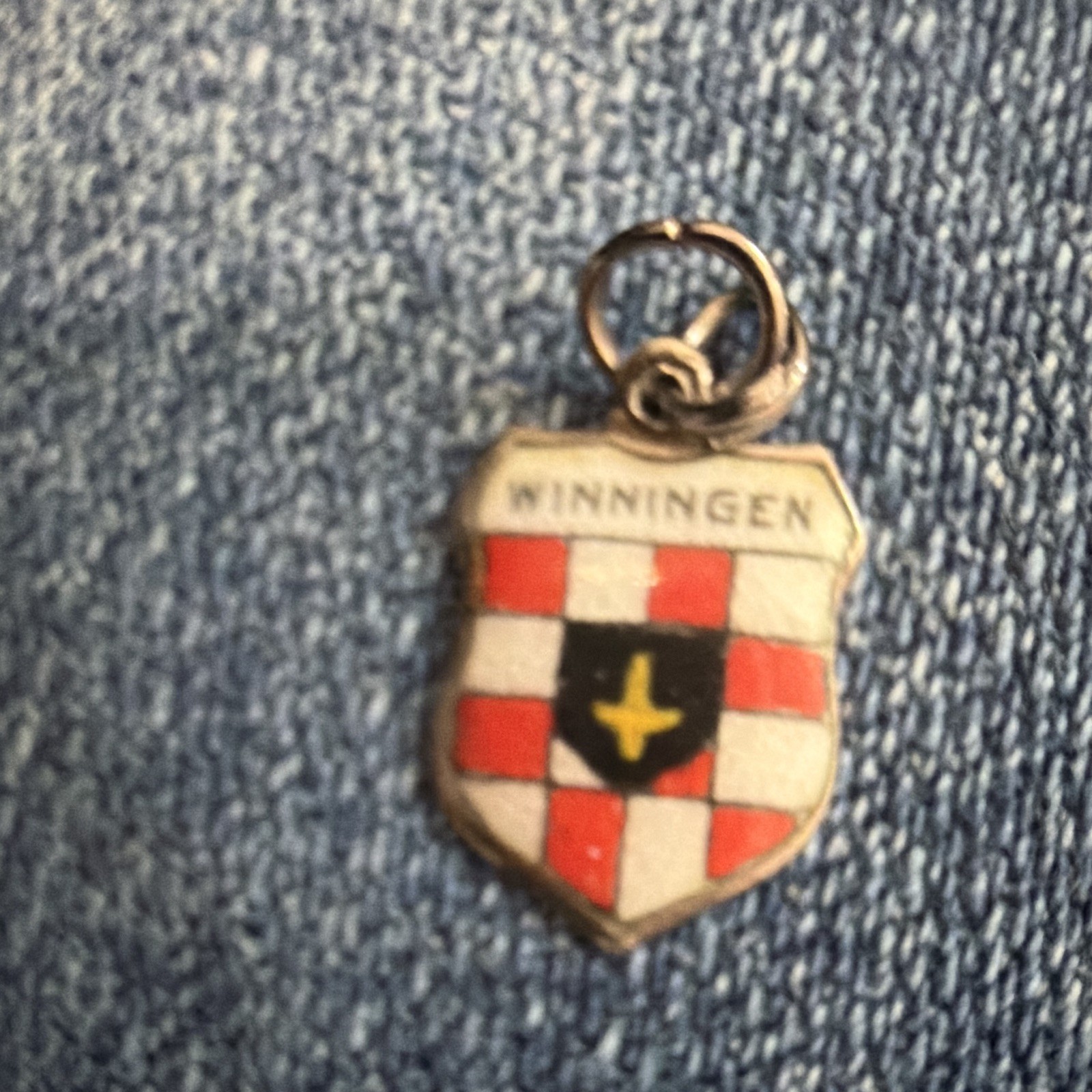 800 Silver Enamel Winningen Shield Dangle Charm Heraldry Signed Spring Ring
