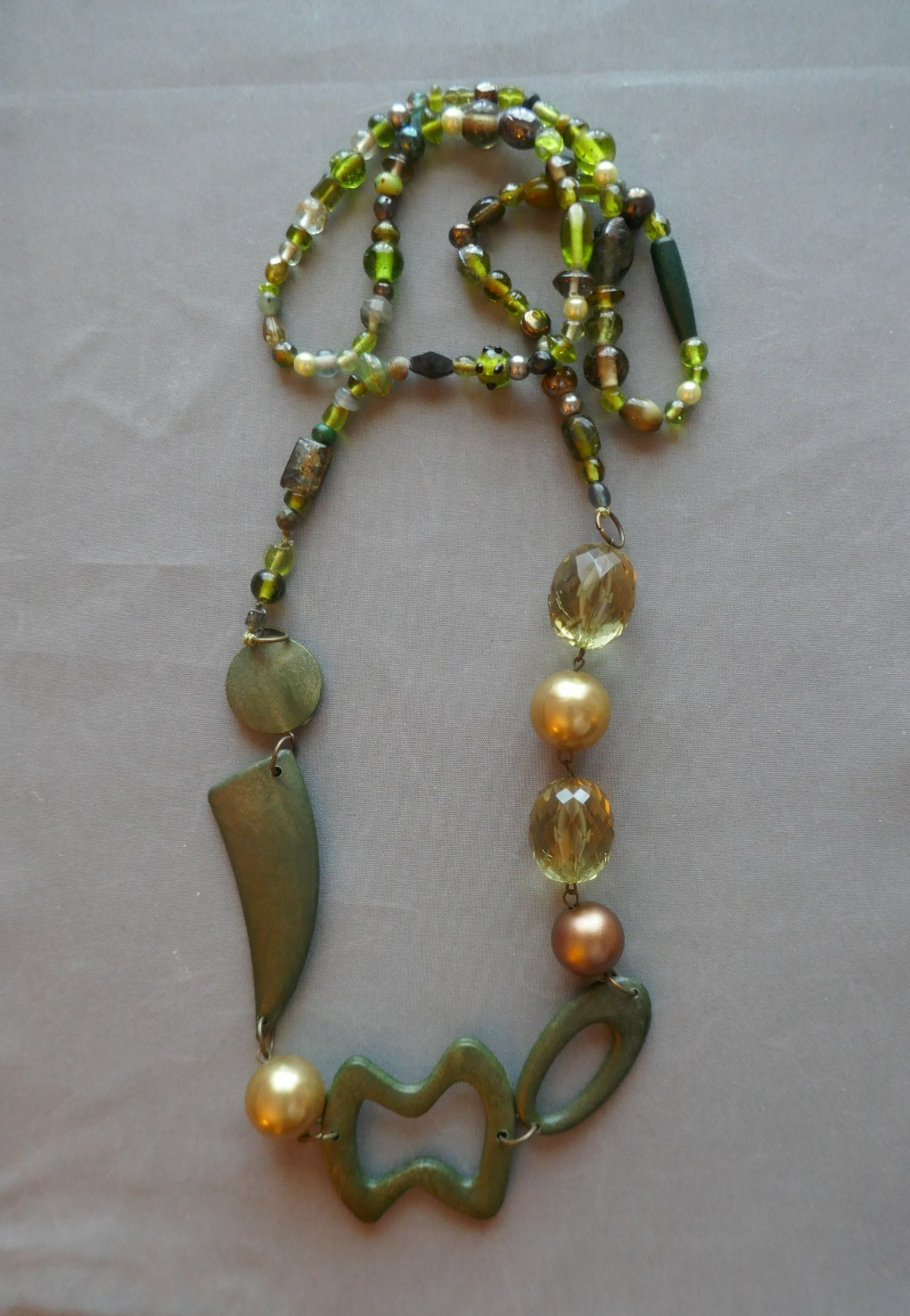 40″ Long Necklace Green Copper Gold Large Abstract Shapes Acrylic & Glass Beads