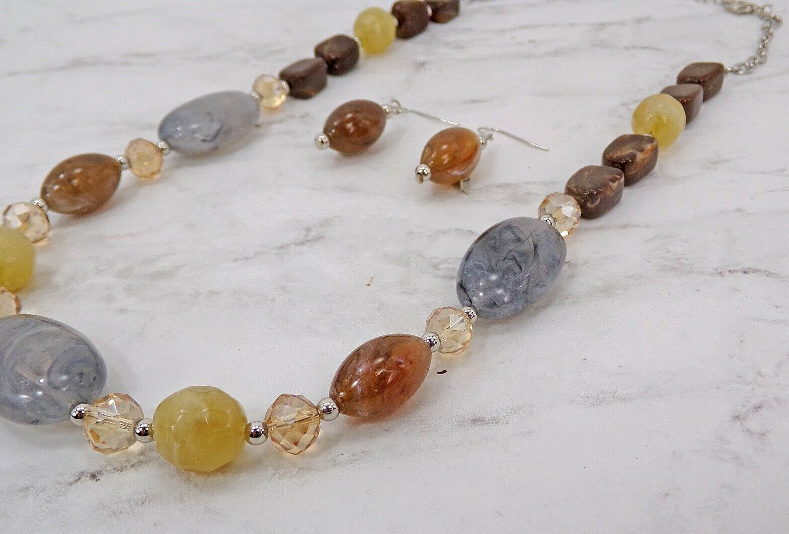 Multicolor Neutral Bead Necklace Earring Set Brown Beige Gray Statement jewelry
