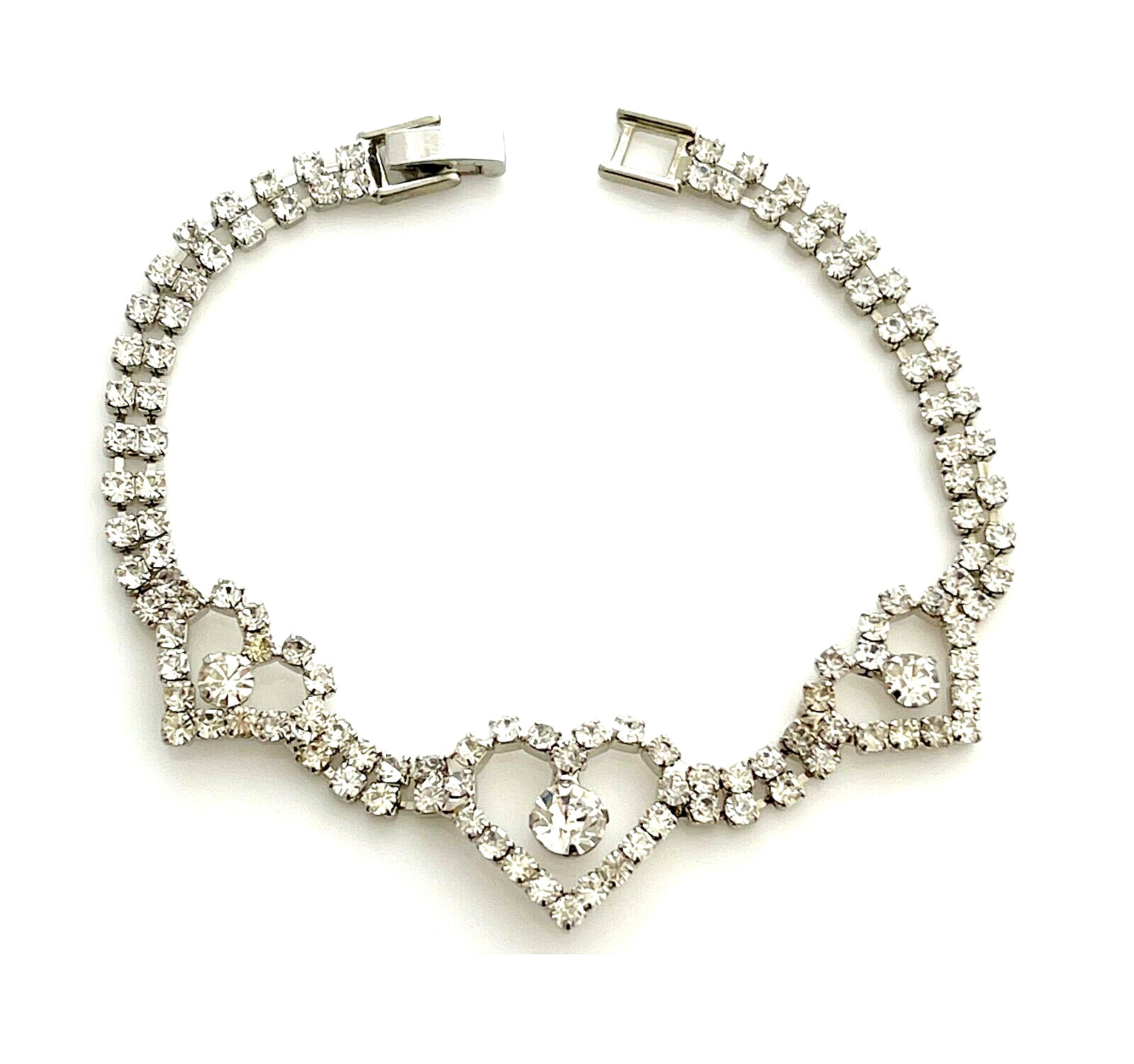 7.5″ Bracelet Crystal Bling Rhinestone Heart Silver Cupchain Fold Over Clasp