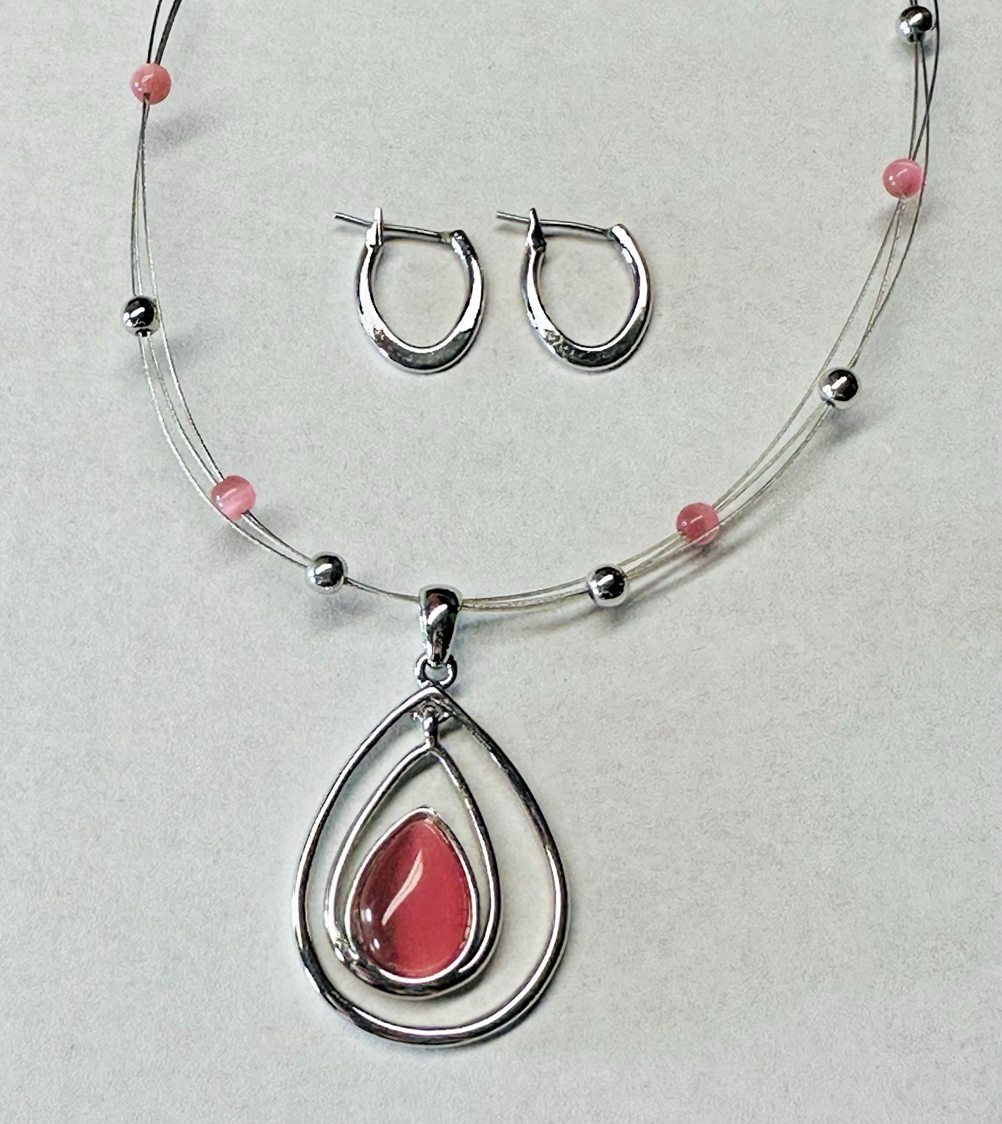 Lia Sophia Pink Cat Eye Pendant Necklace & Hoop Earrings Silver Tone Set