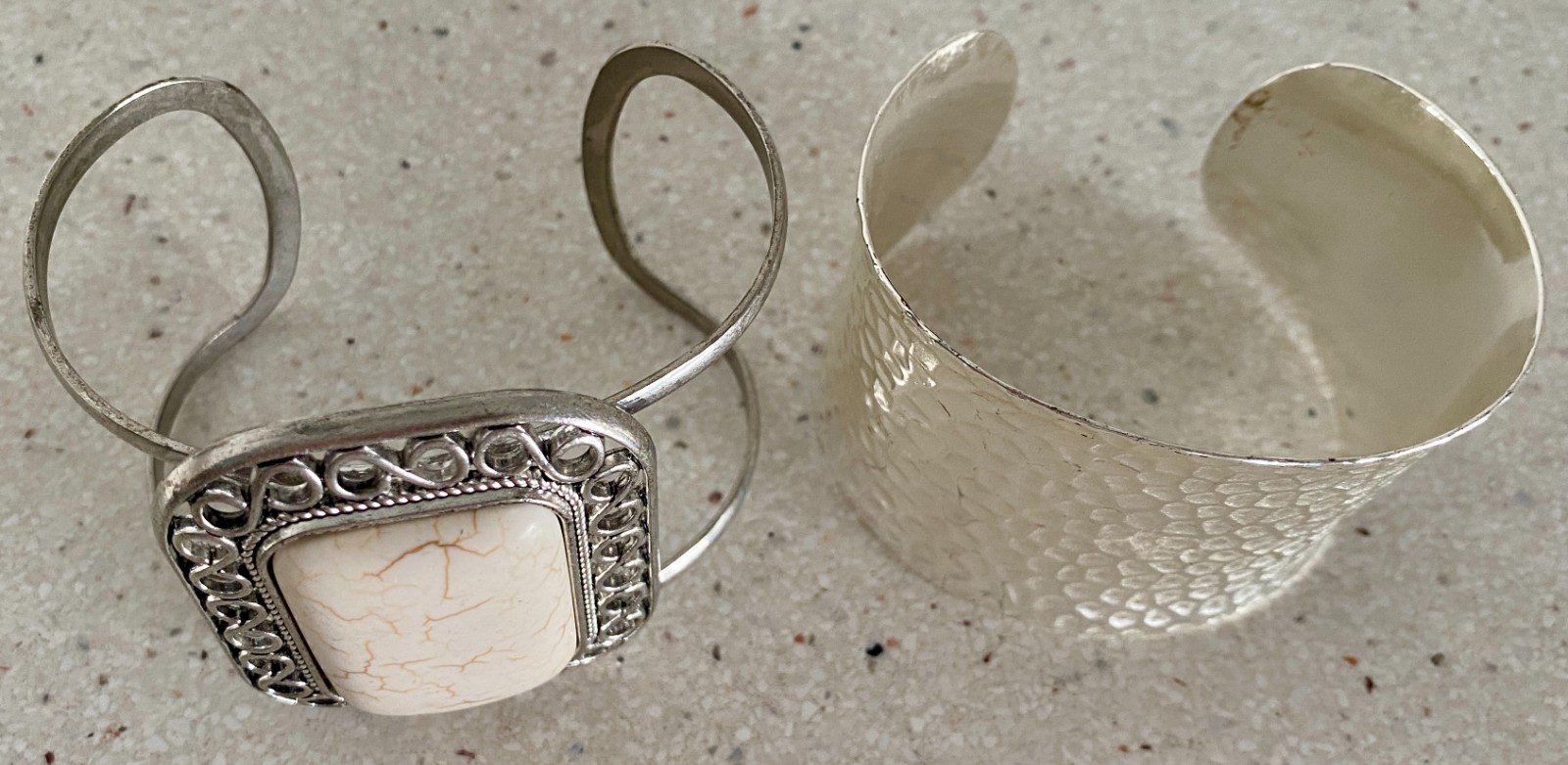 Lot of 2 Cuff Bracelet Faux White Stone Hammered Silver Tone ATI BR CN
