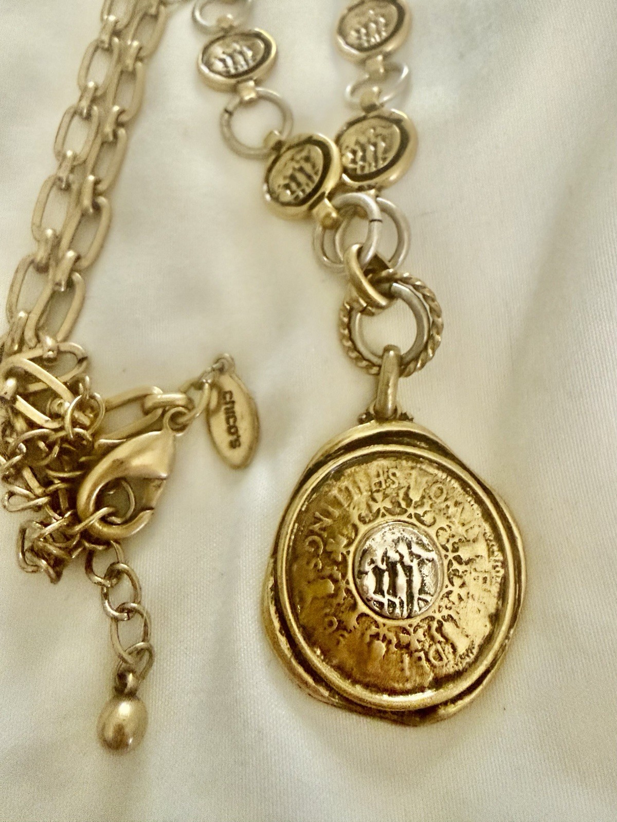 Chicos Adjustable Coin Necklace 30”Long Chain Modern Designer Two toned