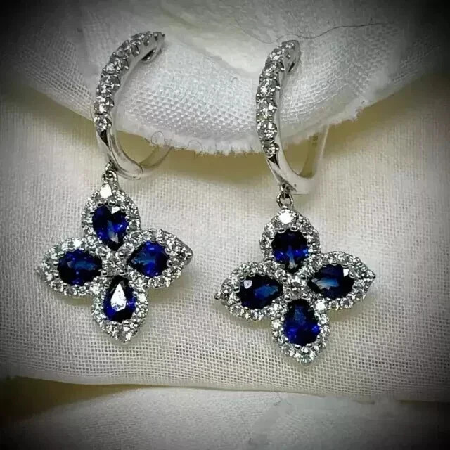 14K White Gold Plated 2CT Pear Simulated Sapphire Women’s Drop Dangle Earrings