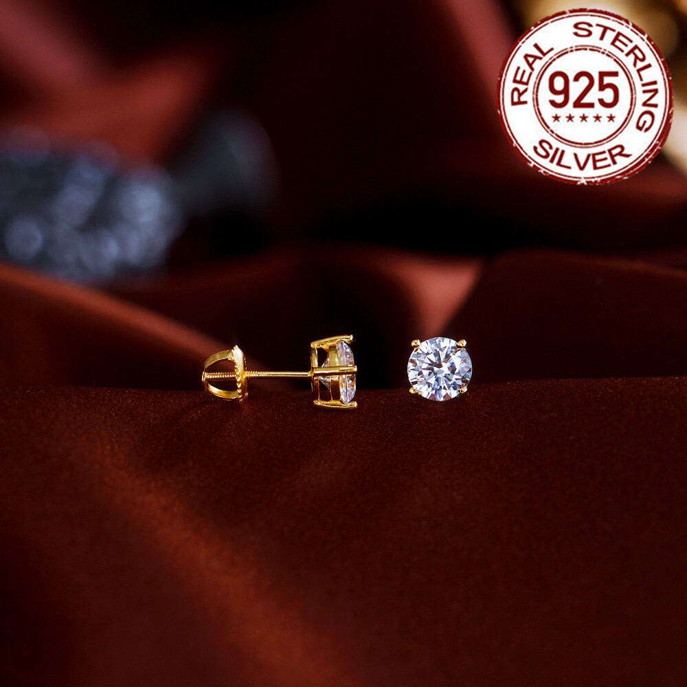 Gold Plated 925 Silver Filled Round Cubic Zirconia Screwback Stud Earrings Women
