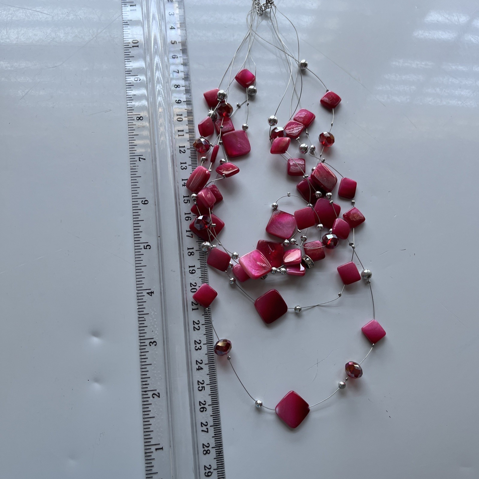 5 layers 27 inch Layered Hot Pink And Grey silver tones Beaded Necklace elegant