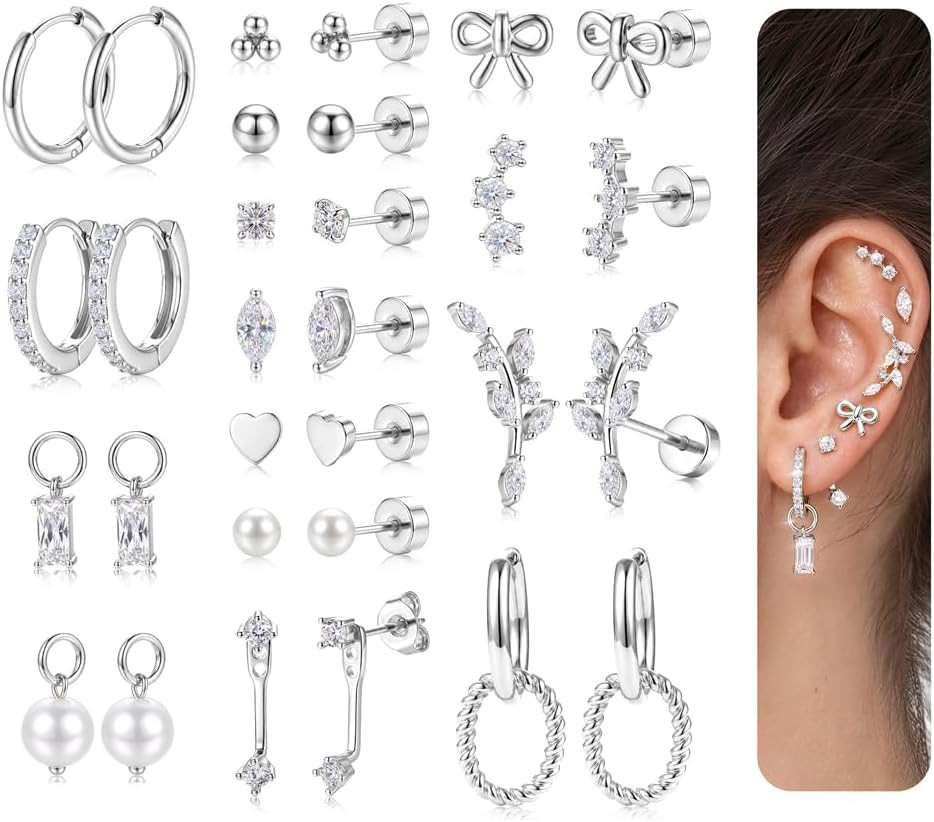 15 Pairs Stud Hoop Earrings for Women, Flat Back Cartilage Earring Set, Helix Tr