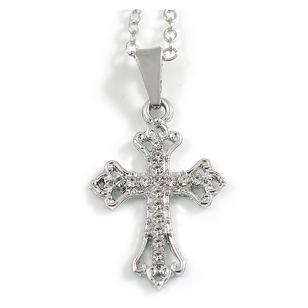 Small Crystal Cross Pendant with Silver Tone Chain/42cm Long/ 5cm Extender