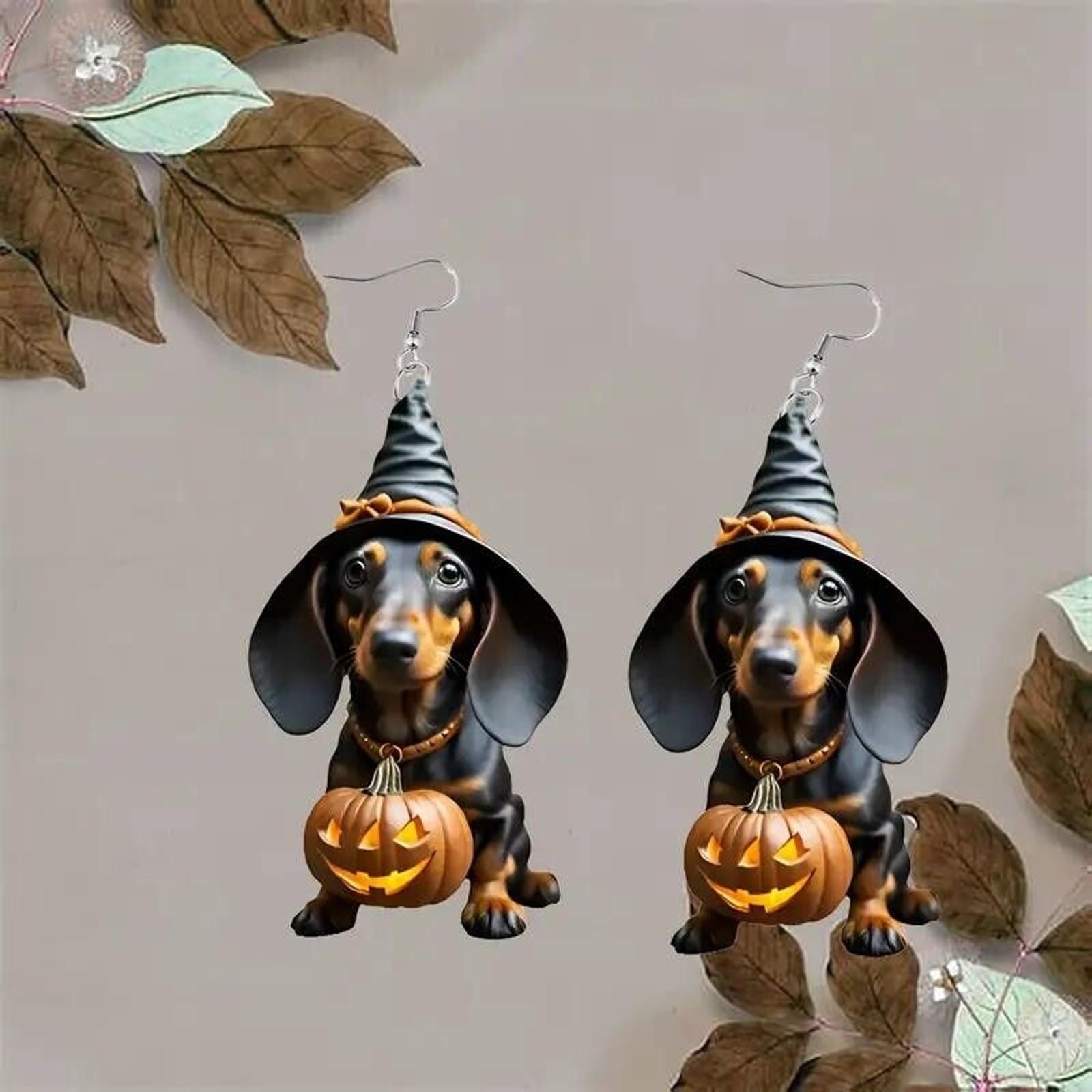 Halloween Dachshund Witch Acrylic Dangle Earrings • Jack-O-Lantern •Pierced Hook
