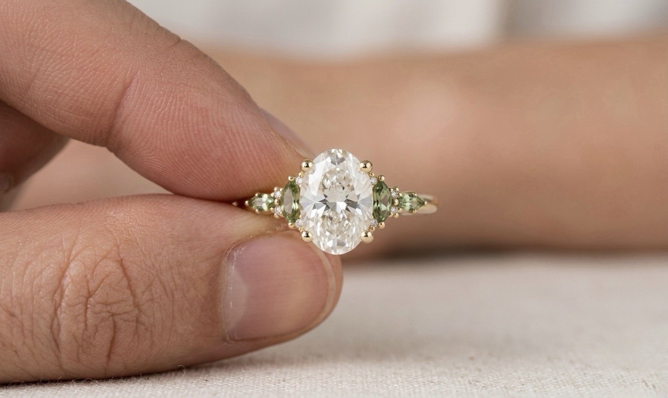 Moissanite And Green Sapphire Ring 925 Sterling Silver Women’s Engagement Ring.