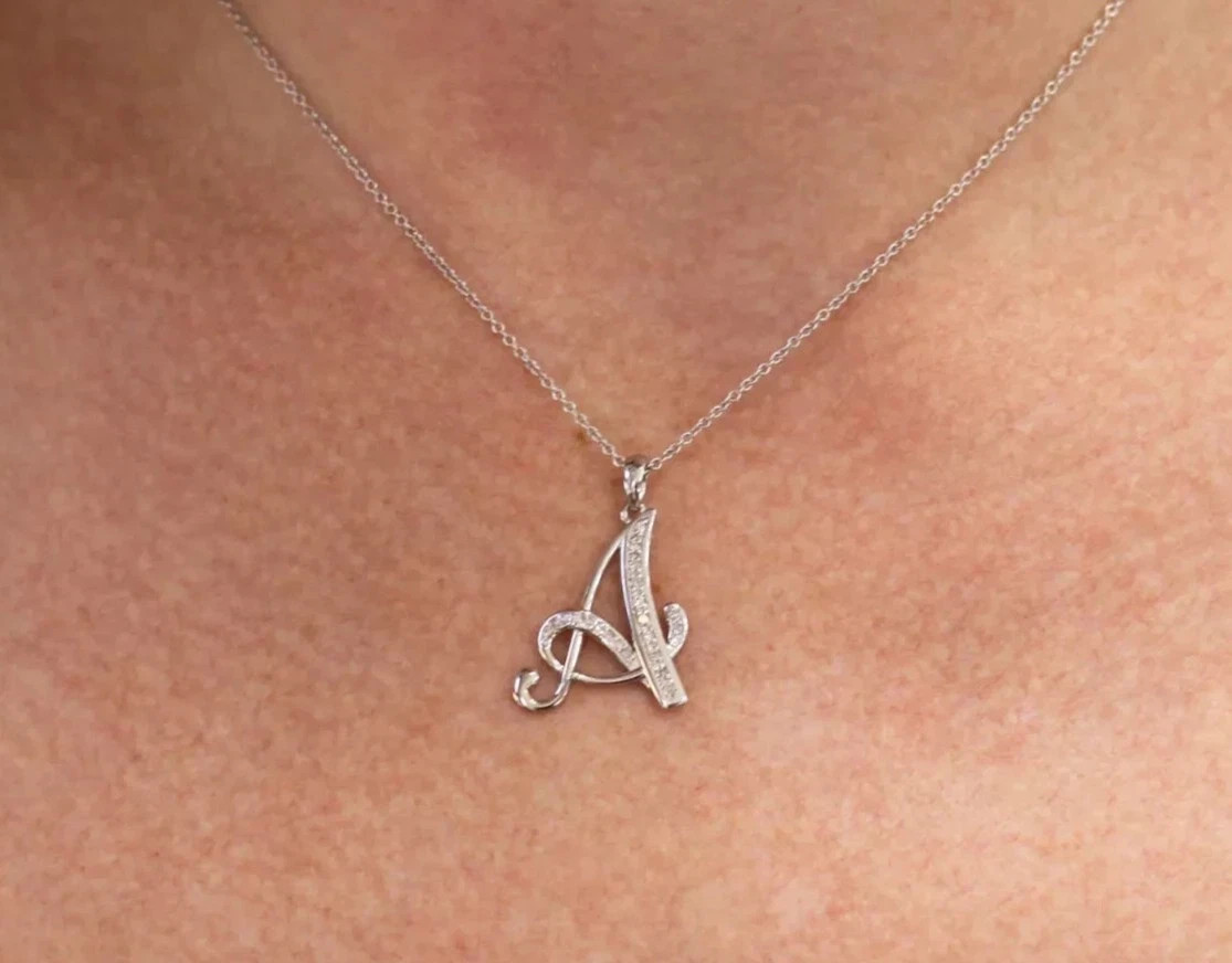 14k White Gold Plated Letter A Initial Pendant Round Cut 1.0Ct Simulated Diamond