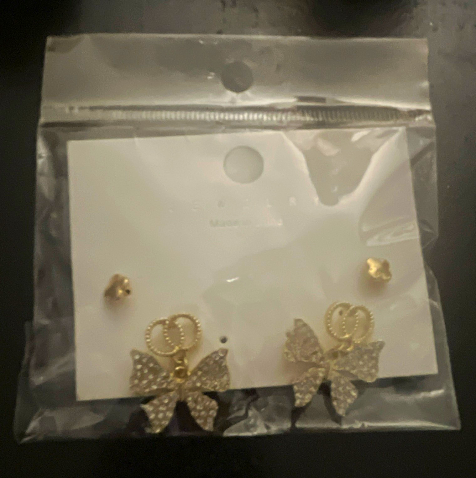 Gold Tone Butterfly Stud Earrings w/ Clear Round Rhinestones, Butterfly Back