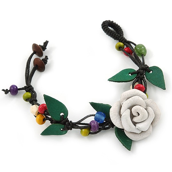 Handmade White Leather Rose with Green Leaves Cotton Cord Bracelet – 16cm L/