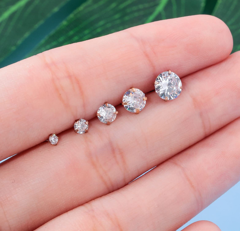 Rose Gold Prong Set CZ Stud Earrings Gem Centered Screw Back Surgical Steel