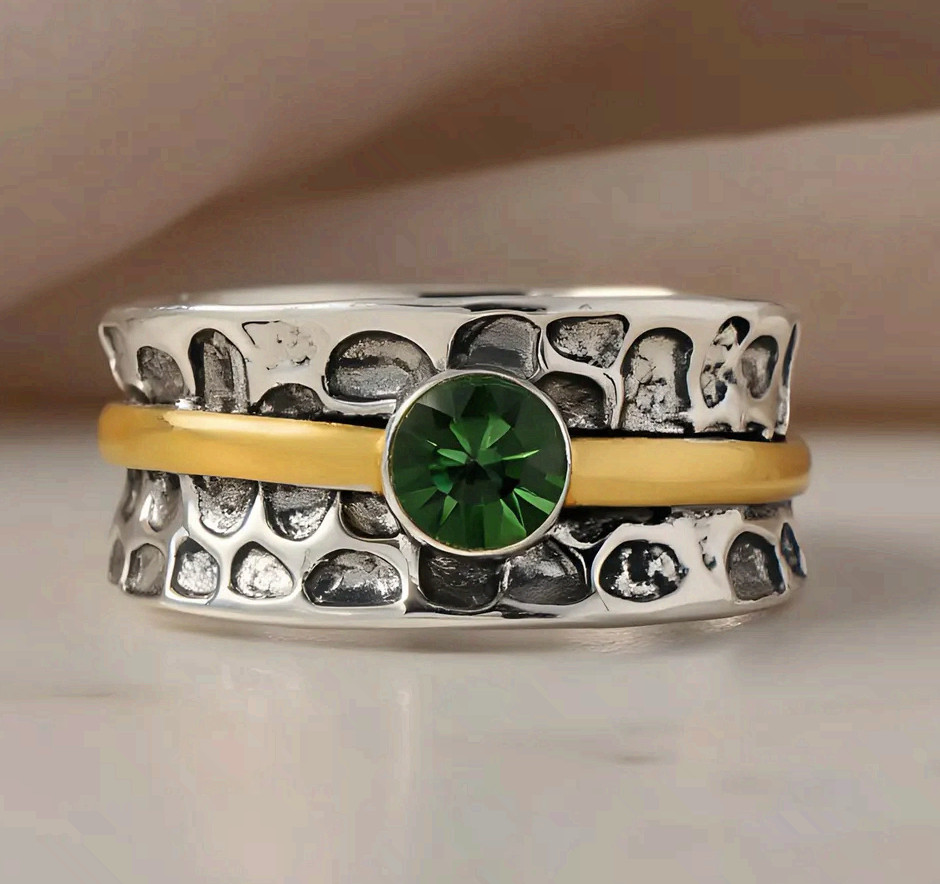 Surgical Steel Ring Green Zirconia Two Tone Gold Band