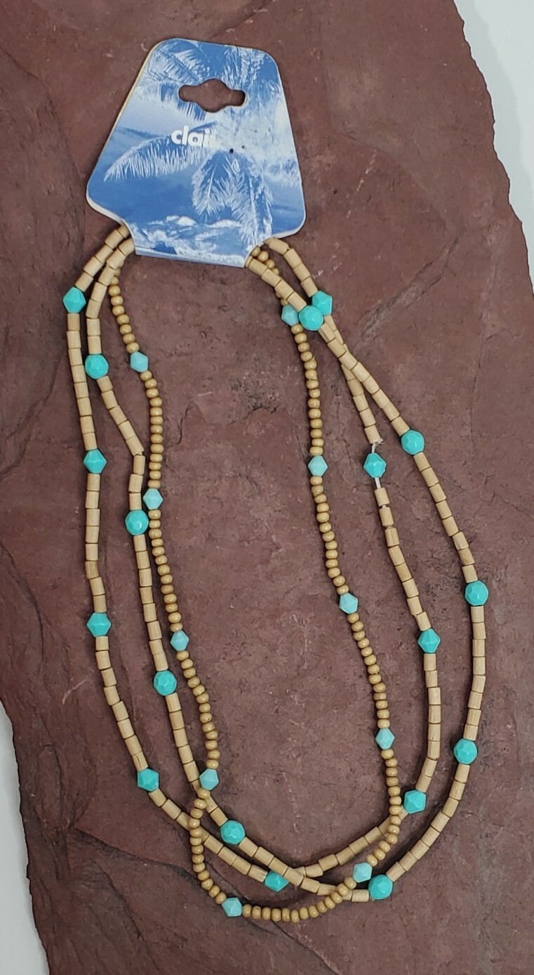 Choker Necklace Stretch Elastic Pull On 70s Boho Hippy Teal Brown 14” long