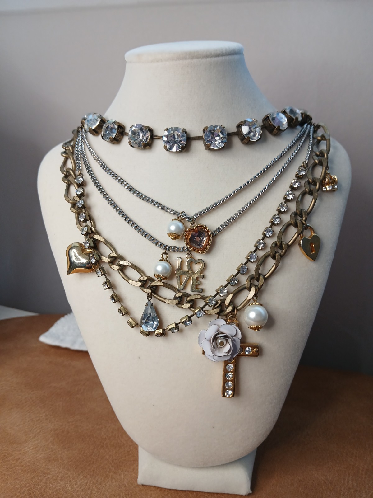 BETSEY JOHNSON VINTAGE HEARTS & CROSS & FAUX PEARLS MULTI-LAYER CHARM NECKLACE