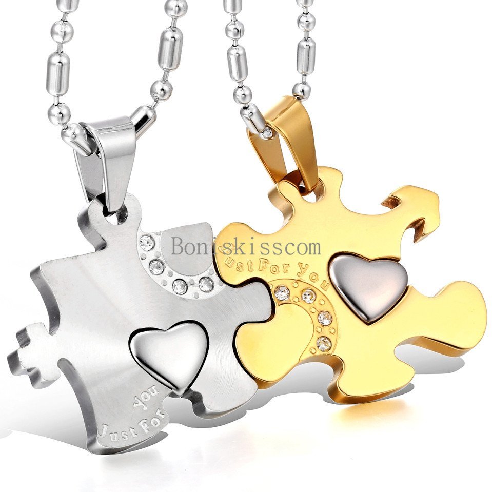 His and Hers Stainless Steel Love Heart Puzzle Pendant Couple Necklaces 1 Pair