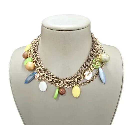 Women’s Statement Multi Layer Chain Charm Multi Color Necklace Gold Tone NWOT