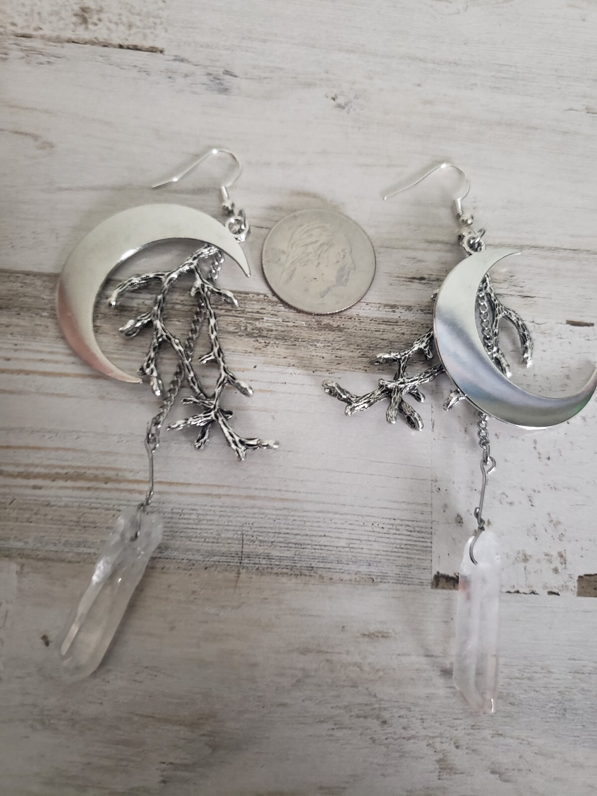 Crescent moon earrings tree branches quartz boho hippie pretty cute love witch