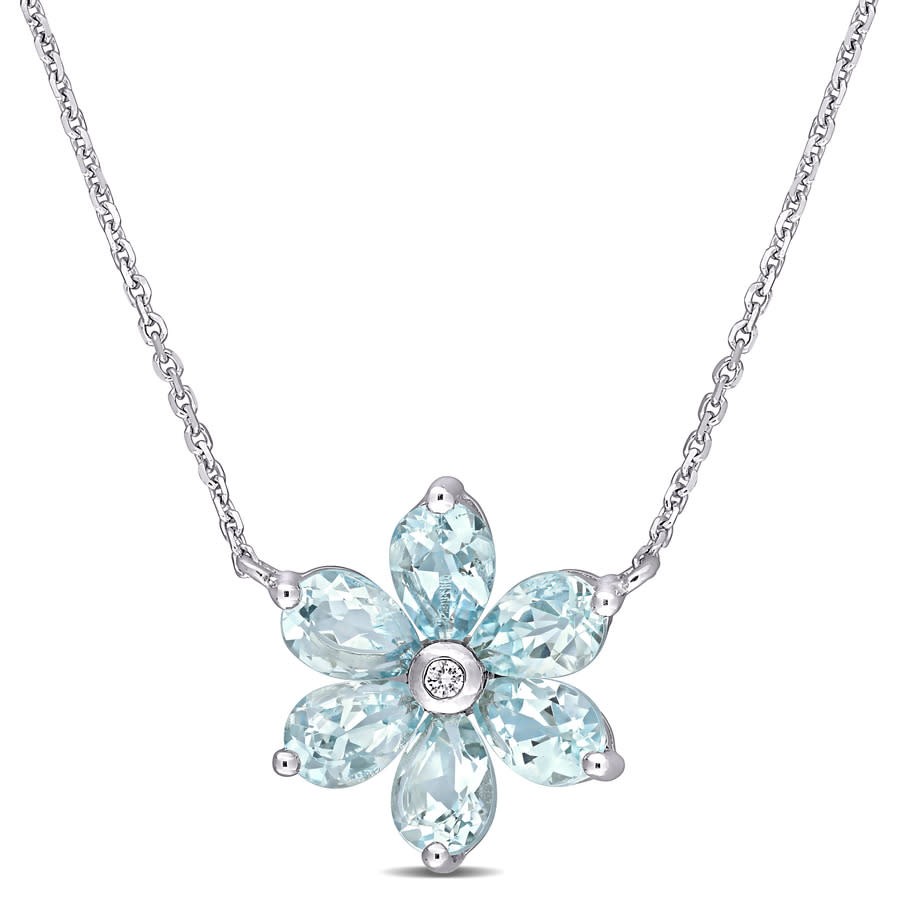 AMOUR 2 3/8 CT TGW Aquamarine and Diamond Accent Floral Pendant with Chain In