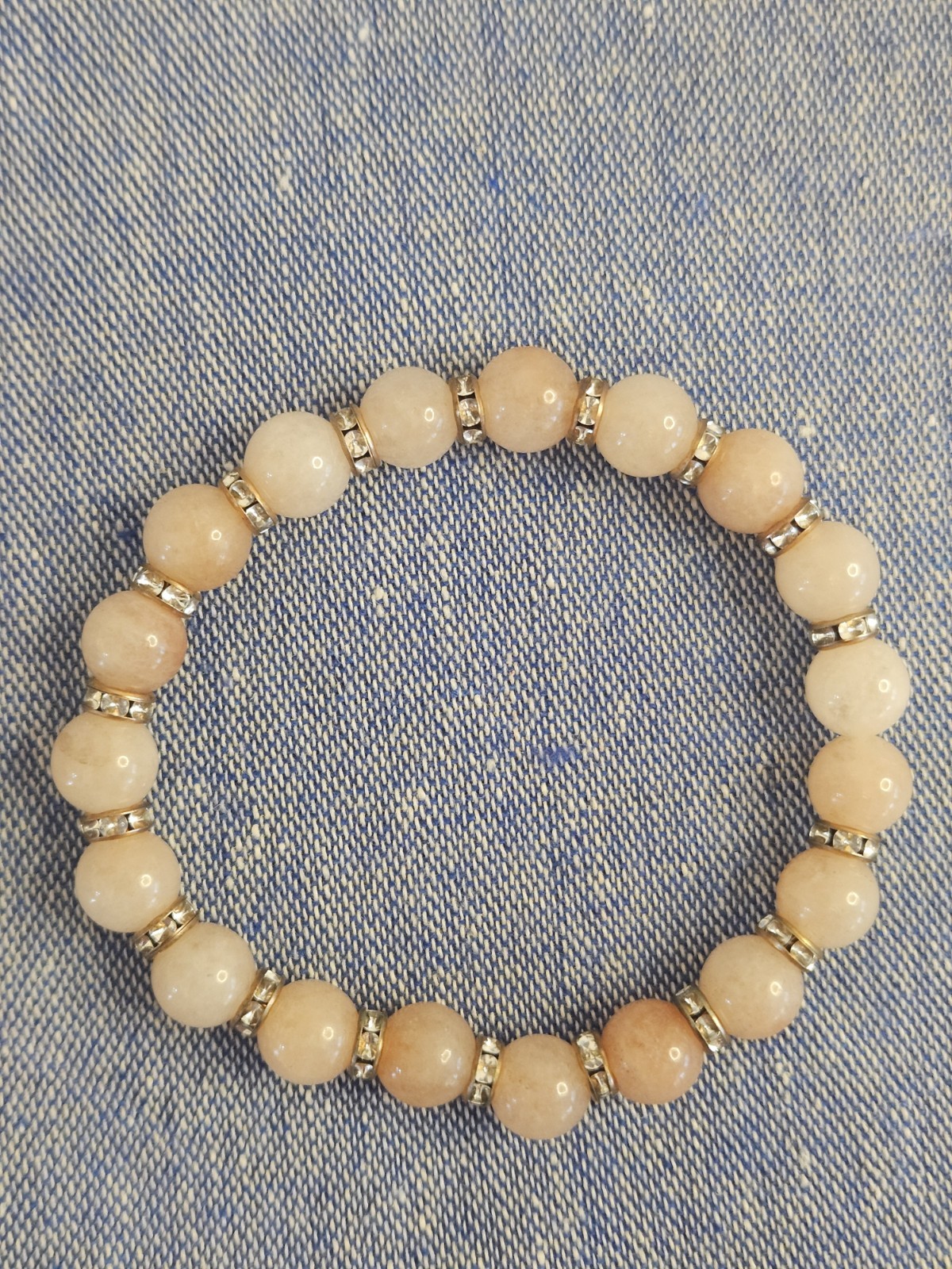 Pink Sunstone 8mm Round Beaded Stretch Bracelet w Golden Rhinestone Spacer Rings