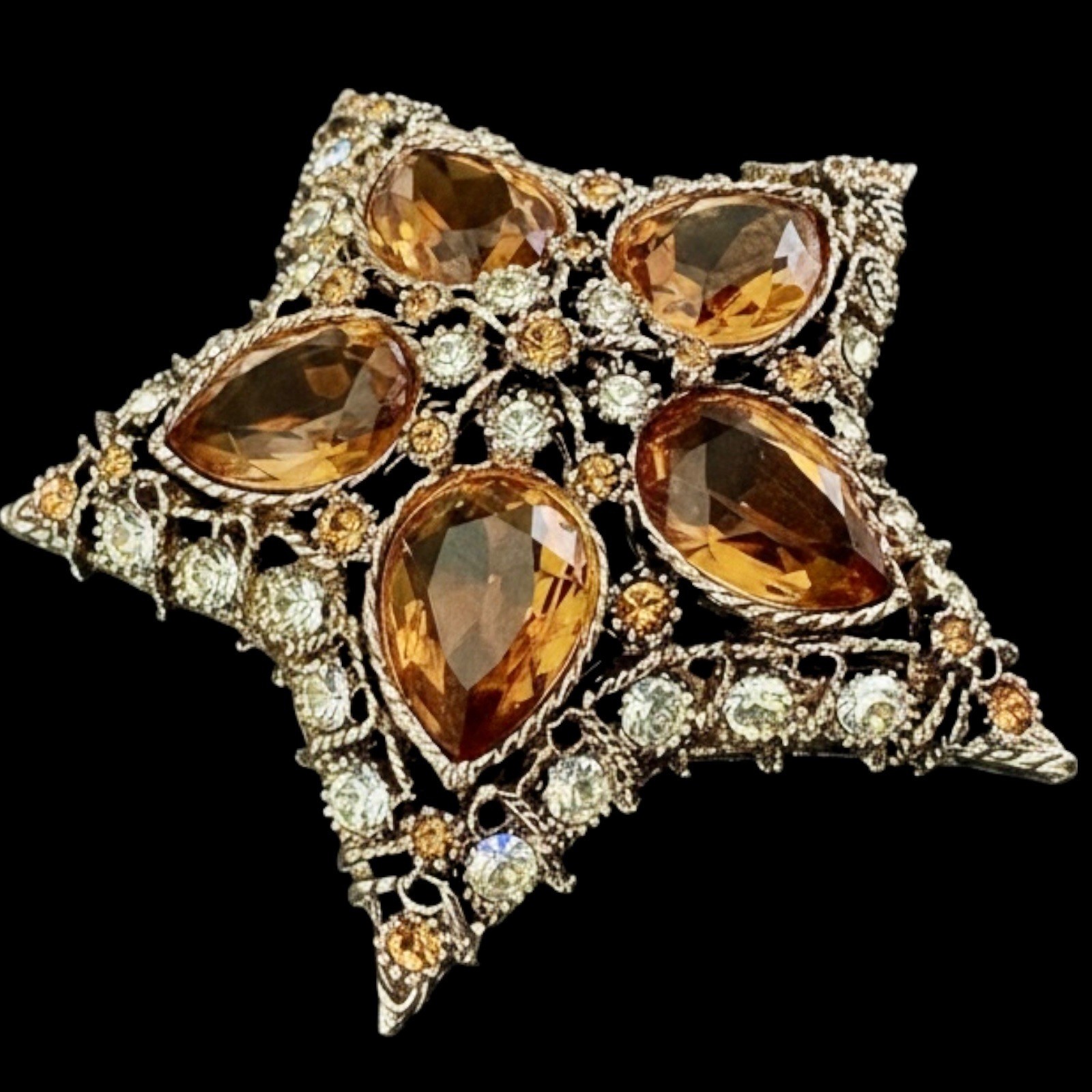 KJL Kenneth Jay Lane Star Brooch Citrine Topaz Rhinestone Gold Tone Pin
