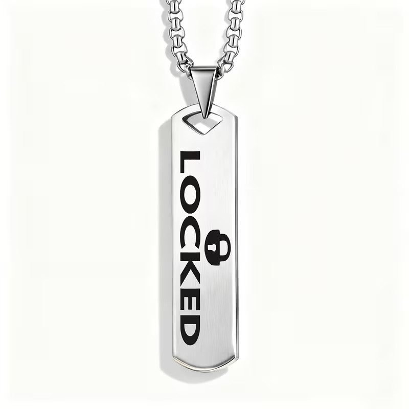 Mens Stainless Steel Chastity Locked Fetish BDSM Kink Themed 60 cm Necklace