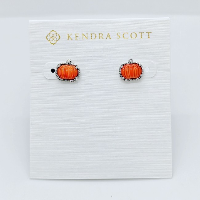 New Kendra Scott Pumpkin Silver Stud Earrings In Orange Shell