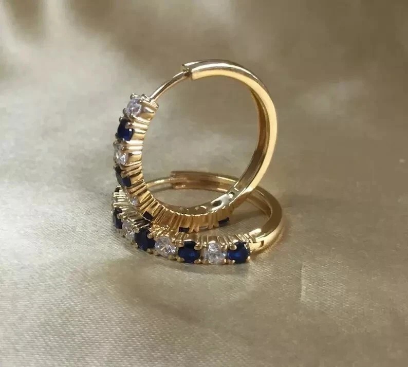 Round Cut Simulated Blue Sapphire Hoop Clip On Earring In 14K Yellow Gold Plated