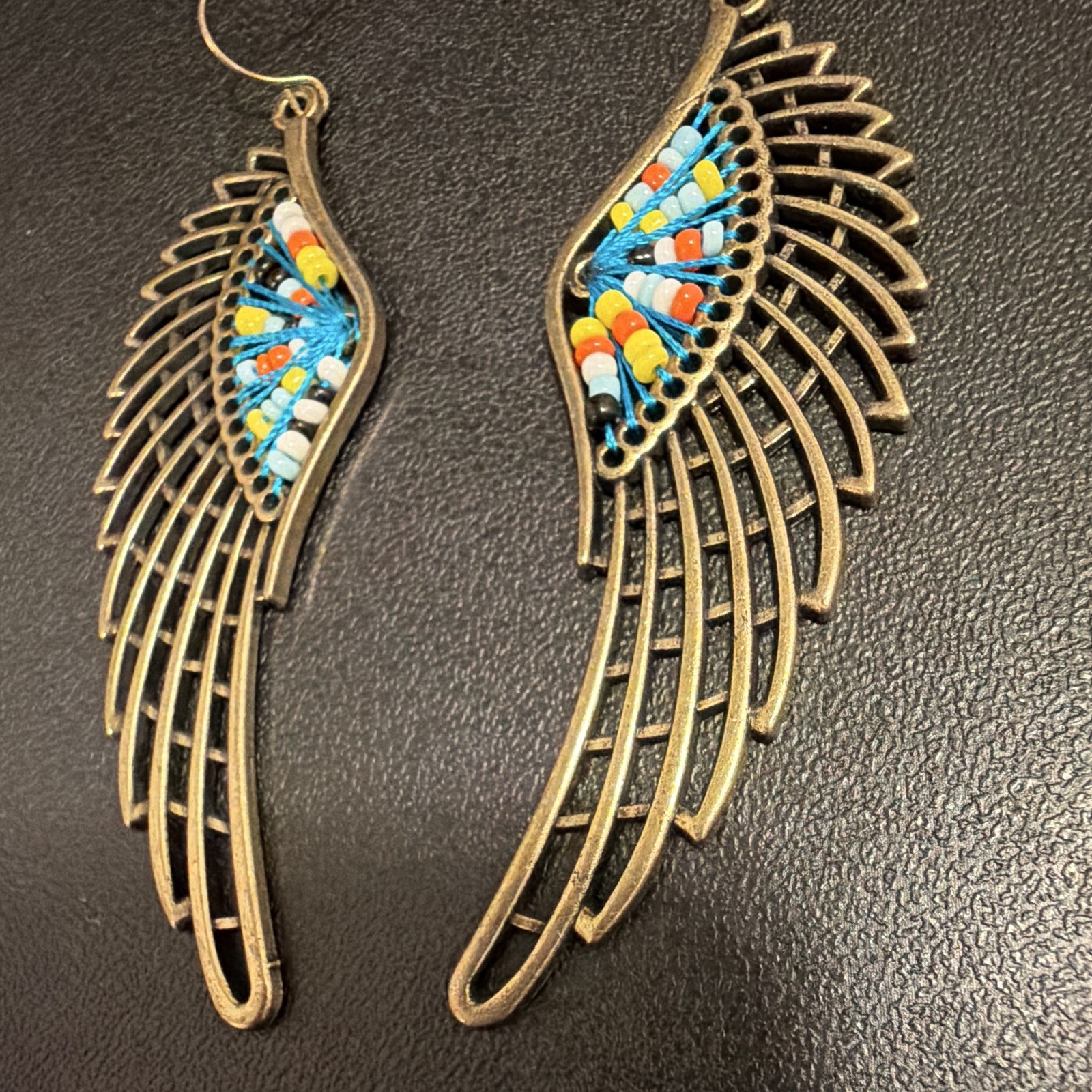 Gold Tone Angel Wing Dangle Drop Hook Earrings w/ Multicolor Beaded Detail
