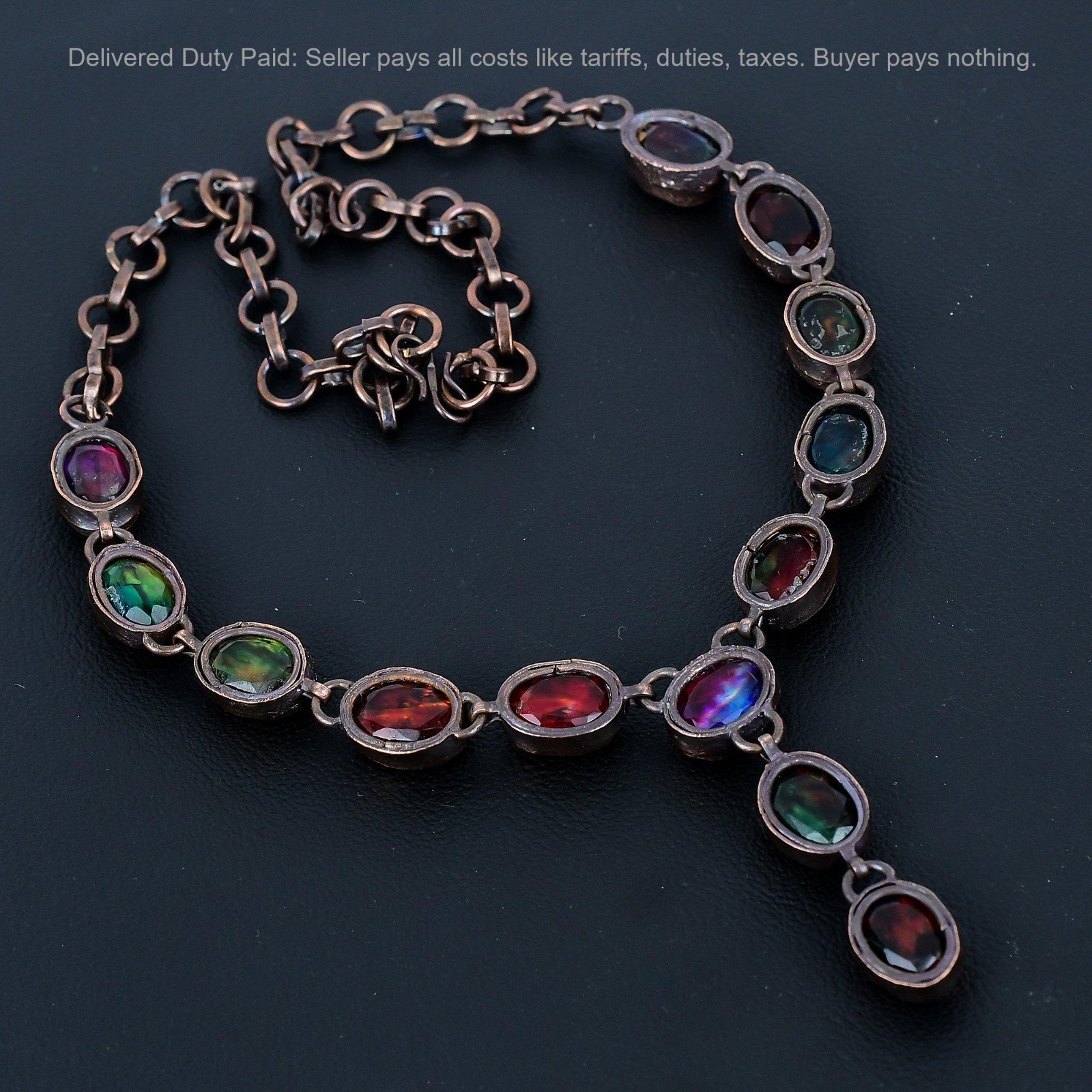 Christmas Sale Copper Oval Natural Ammolite Chain Electroformed Necklace Jewelry
