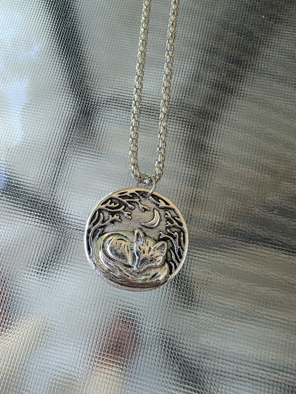 Fox & Moon Forest Round Talisman Metal Pendant 0.8″ Adjustable Necklace 24″ X2