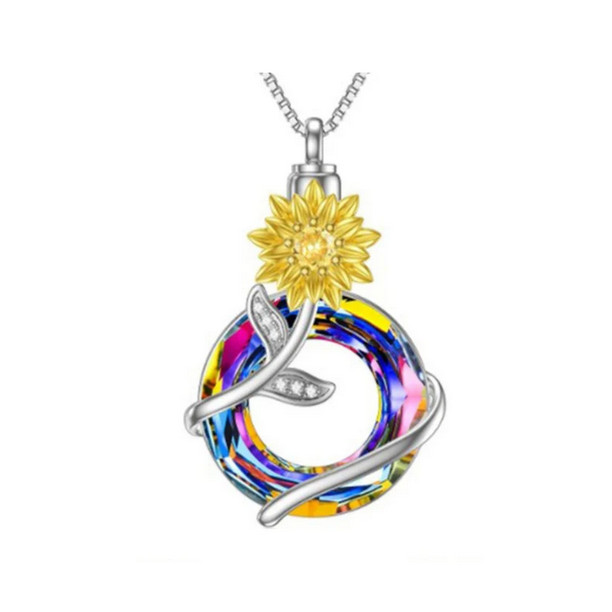 3D SUNFLOWER URN CRYSTAL CREMATION ASH Pendant on 925 Sterling Silver 24″ Chain