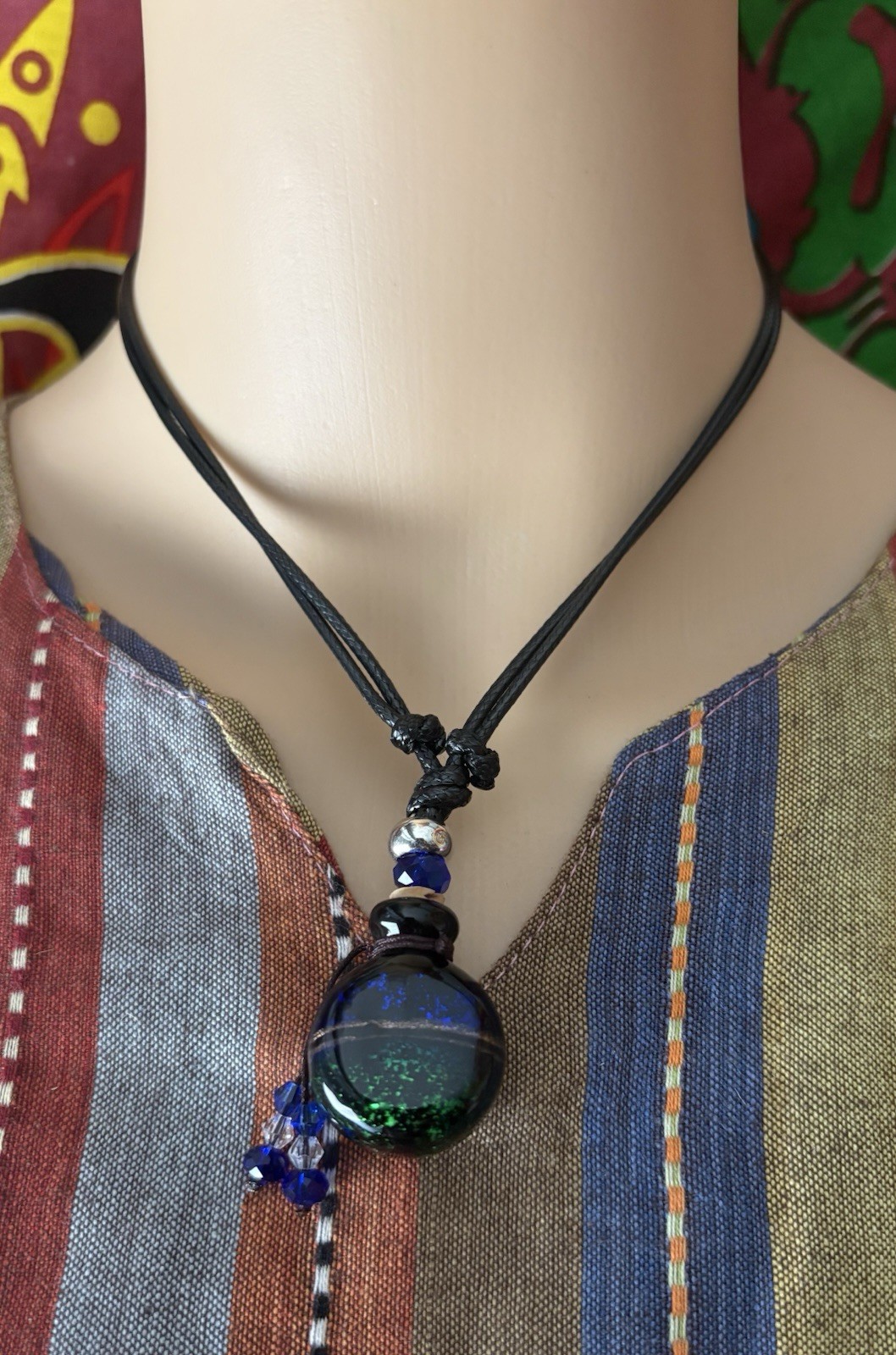 Round Glass Charm Pendant Black Cord Necklace Blue Green Adjustable Tie