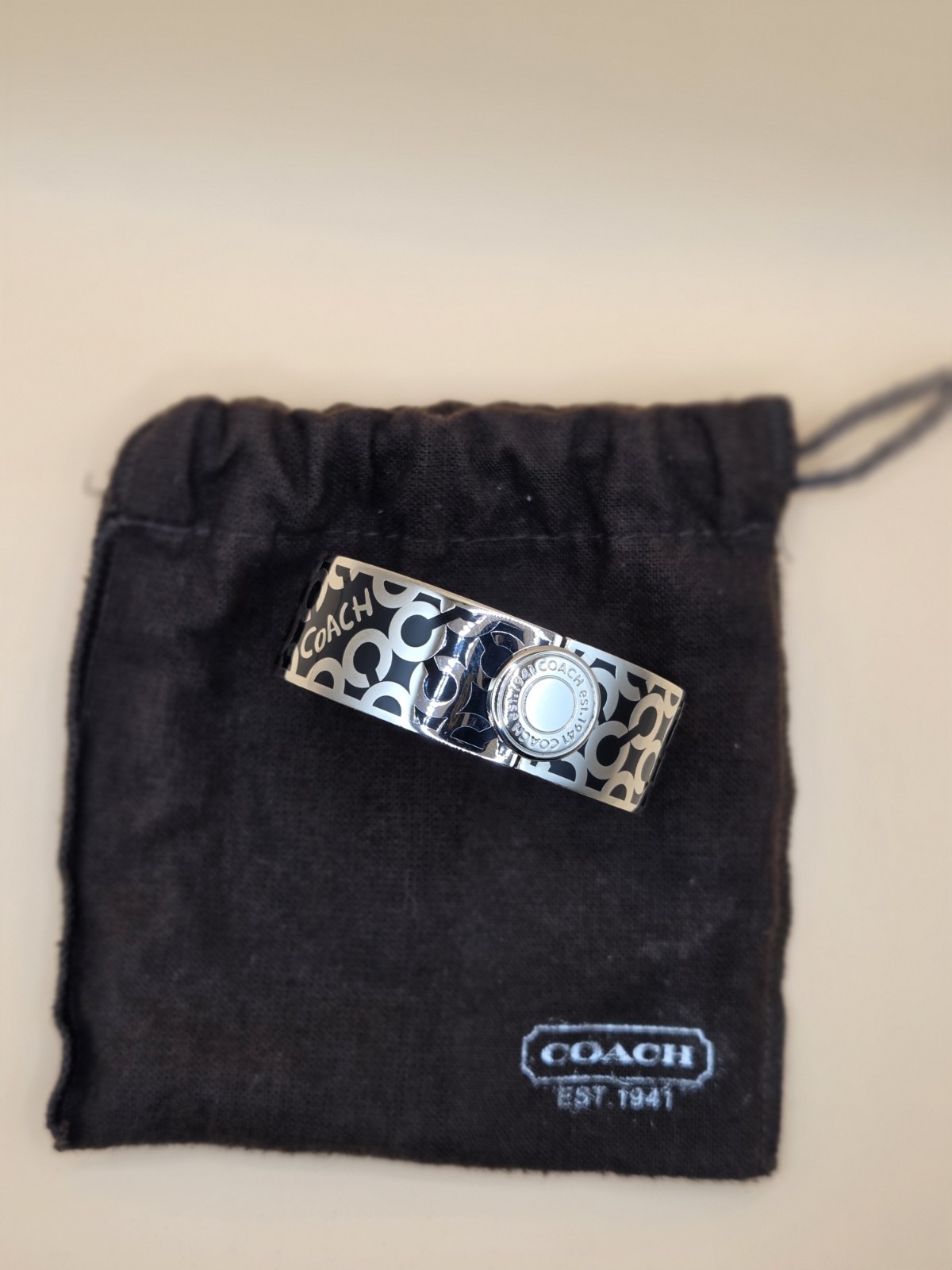 Coach Silver Tone Black Enamel Signature C Logo Cuff Bangle Bracelet Signed
