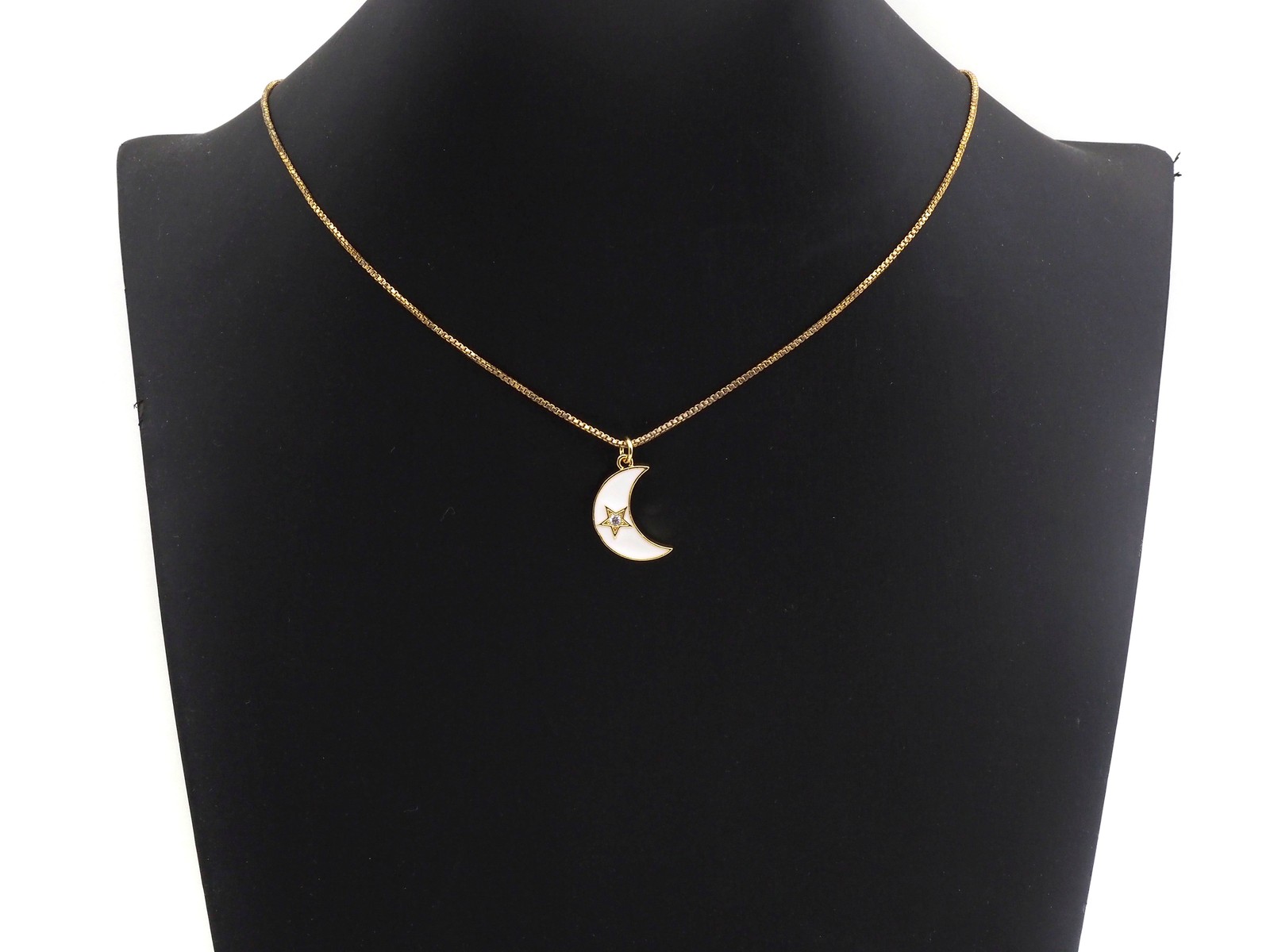 Enamel Moon Star charm, Black Red White Gold CZ Half Moon Pendant, Enamel Moon