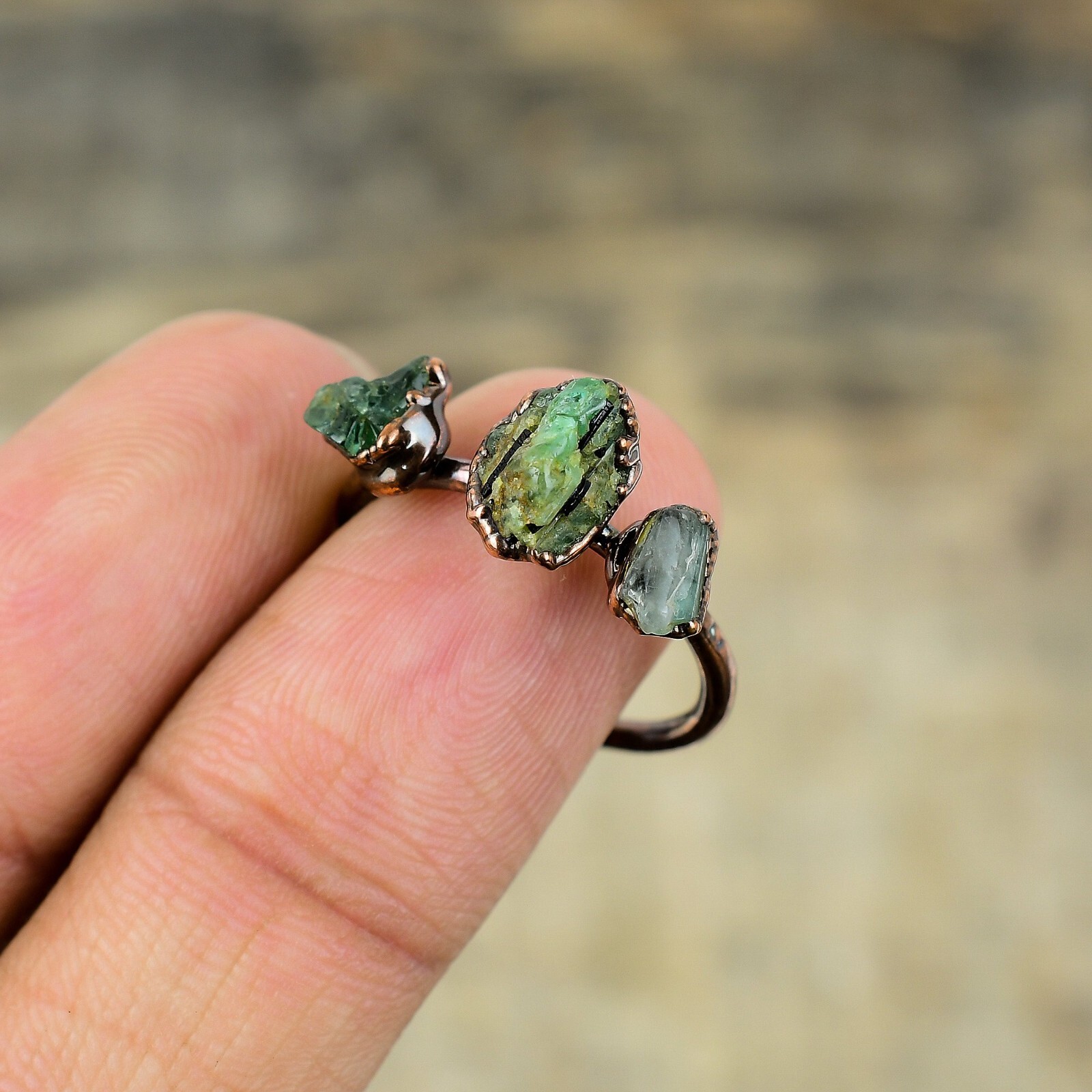Green Tourmaline Rough Electroformed Adjustable Ring Size Adjustable Copper