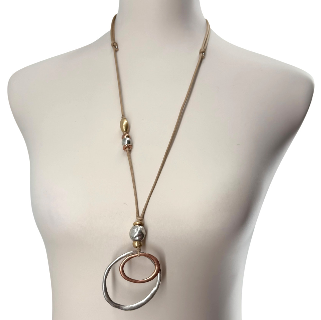 J Jill Mixed Metal Necklace Adjustable Cord Double Circle Pendant Boho Artisan