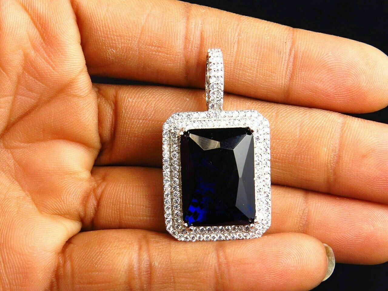 2.50 Ct Emerald Cut Simulated Blue Sapphire Halo Pendant 14K White Gold Plated.
