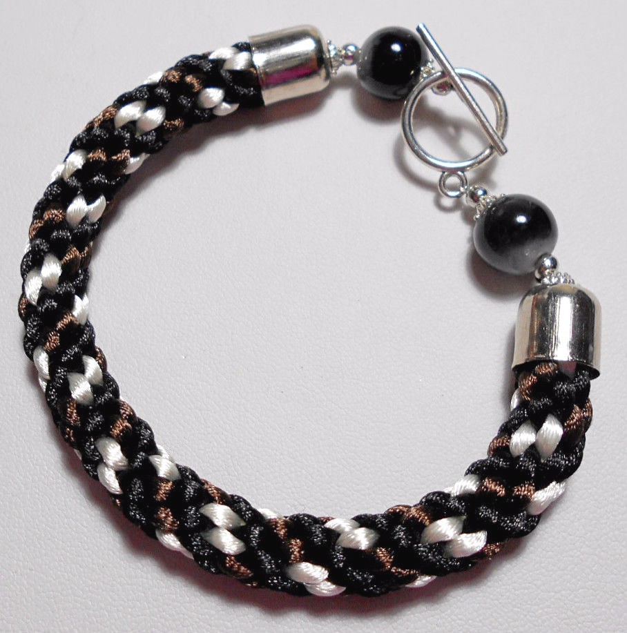 Kumihimo bracelet, glass beads,black/brown – 7.25″ or 8″