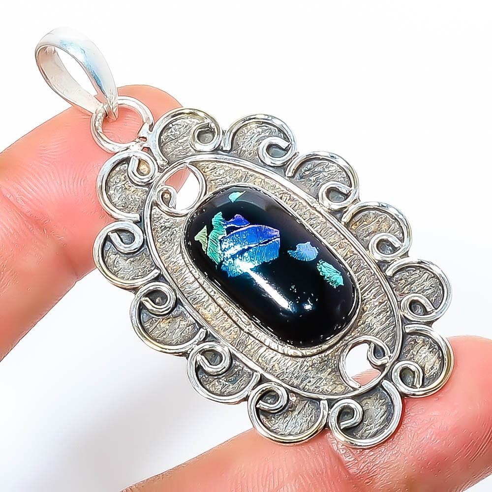 Dichroic Glass 925 Silver Plated Israeli Pendant 2.34″ M144