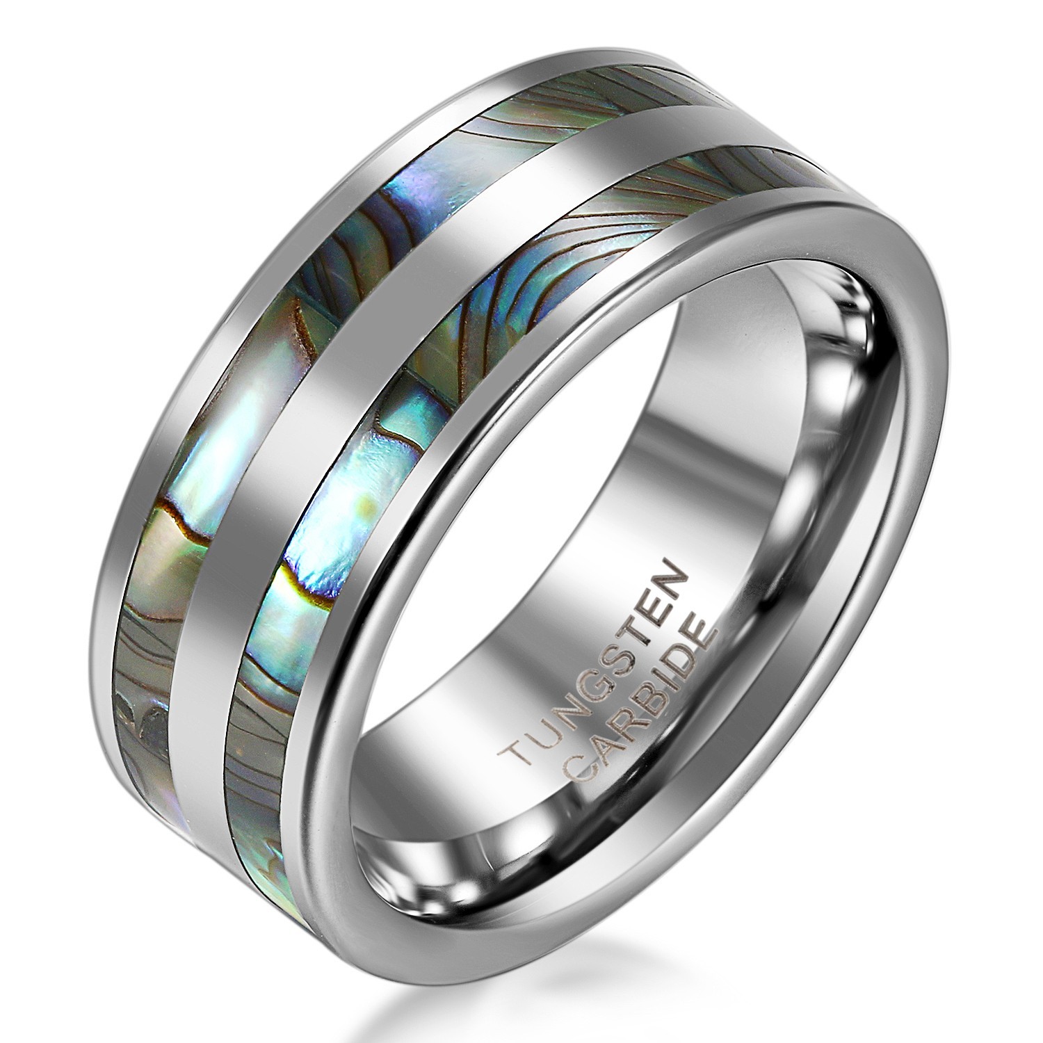 Comfort Fit Tungsten Carbide Ring Black Double Abalone Shell Inlay Wedding Band